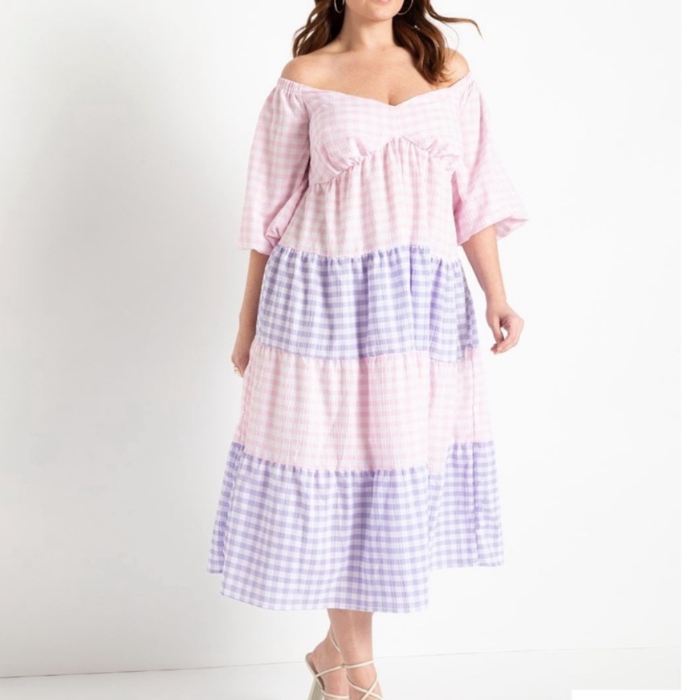 New! Eloquii pink purple gingham color block midi Dress Size 16 18049